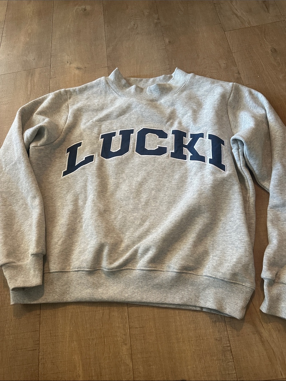 Women's Light Gray Crewneck Sweatshirt with Navy Lettering